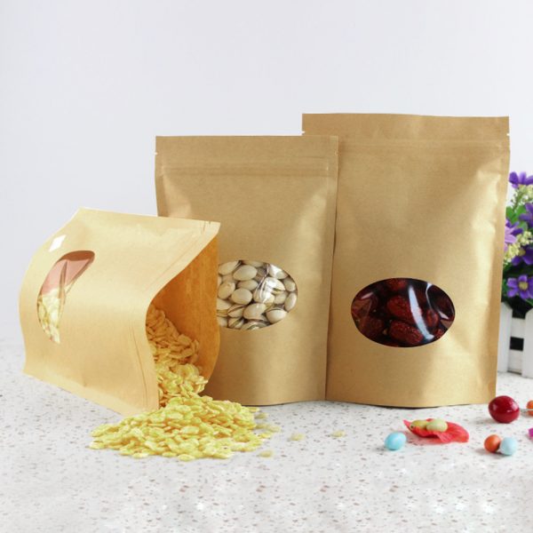 Stand Up Pouches for Zip Bags Kraft Paper Lock Food Pack With Oval Clear Window