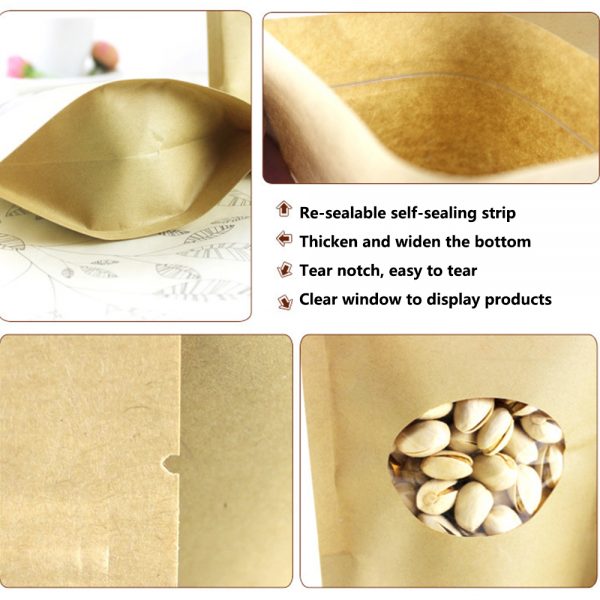 Stand Up Pouches for Zip Bags Kraft Paper Lock Food Pack With Oval Clear Window - Image 5